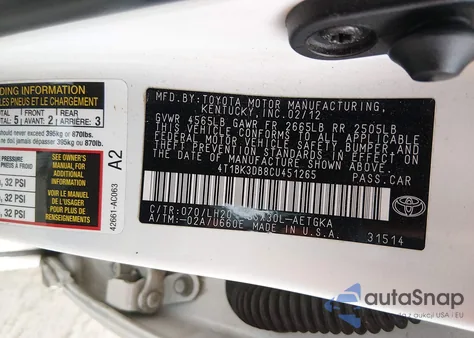 2012 Toyota Avalon из США, поврежденный, VIN 4T1BK3DB8CU451265